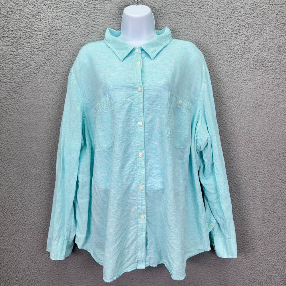 Chaps Top Womens 3X Aqua Blue Linen Blend Lightweight Coastal Beachy Capsule